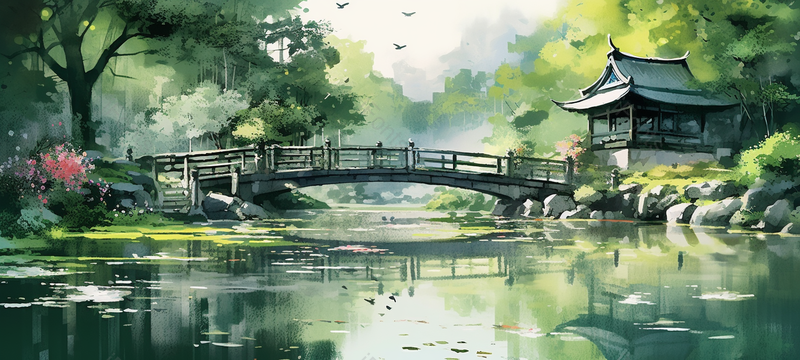 湖面小桥庭院建筑,插画/手绘图,插画/手绘图库,插画/手绘图下载,插画/手绘